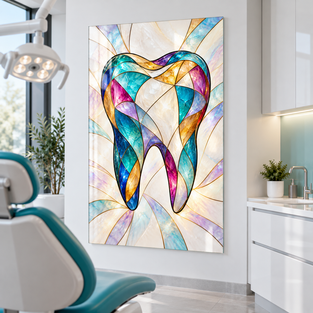 Renkli Vitray Diş Dikey Cam Tablo — Diş kliniği muayene odası