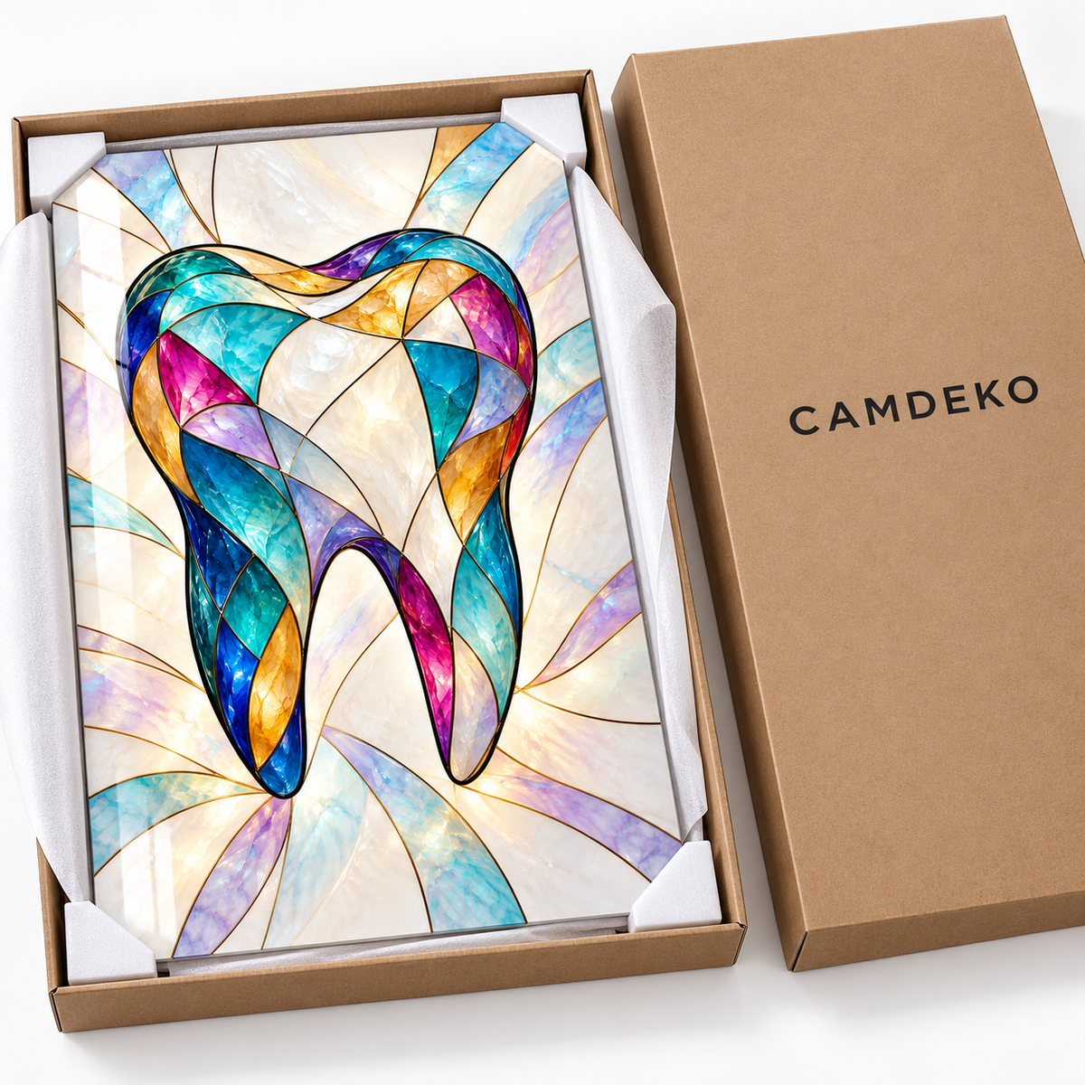 Renkli Vitray Diş Dikey Cam Tablo — CAMDEKO koruyucu paketleme