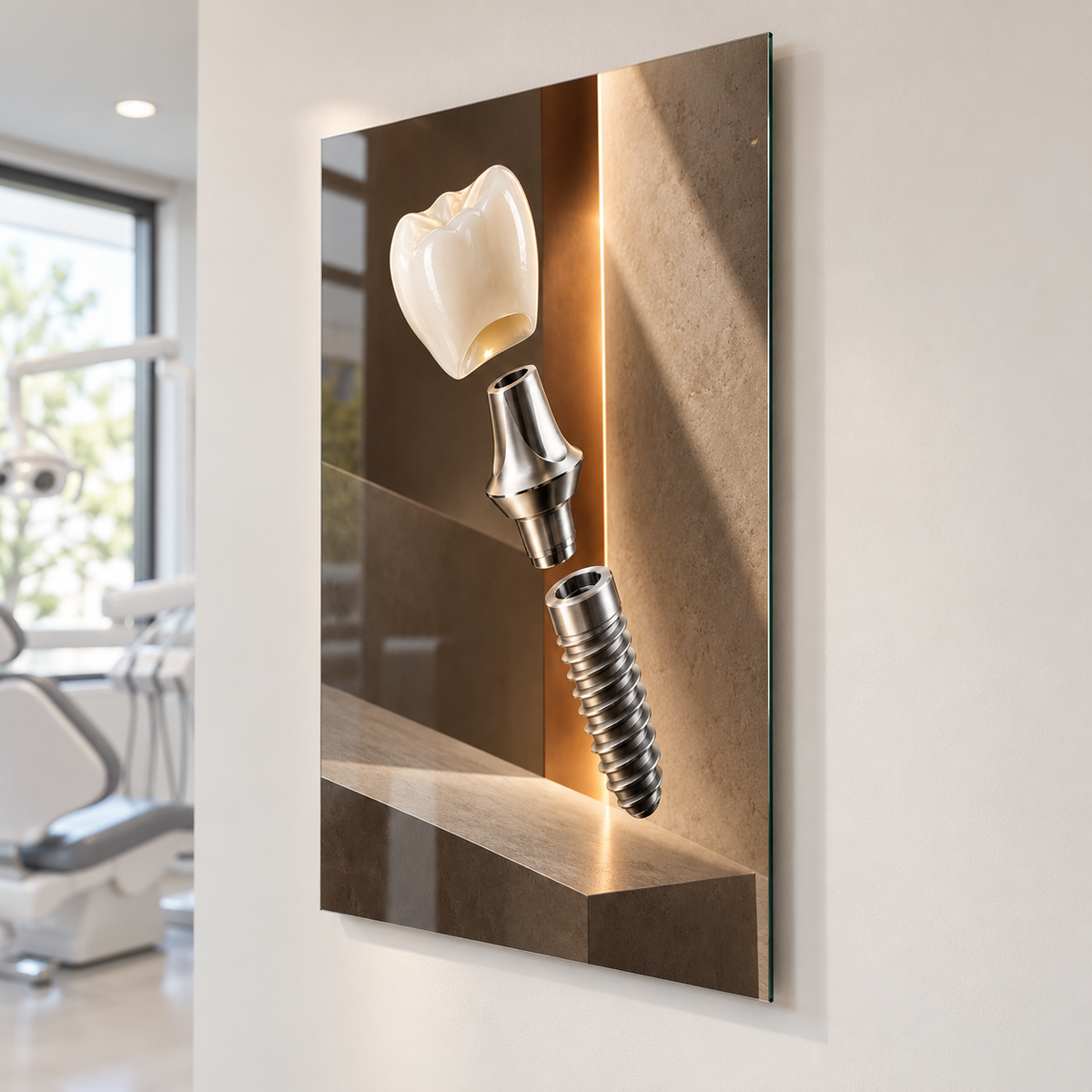 Titanyum Senfoni İmplant Dikey Cam Tablo — Yaklaşık 2 cm duvar mesafesi