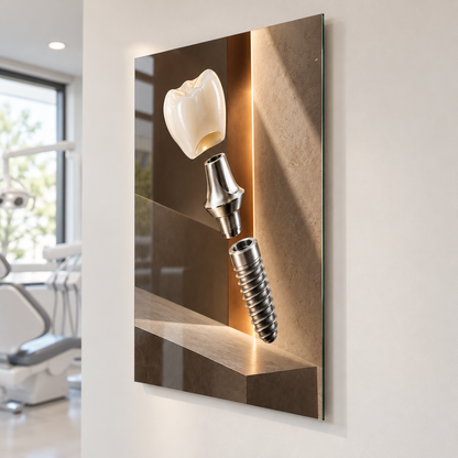 Titanyum Senfoni İmplant Dikey Cam Tablo — Yaklaşık 2 cm duvar mesafesi