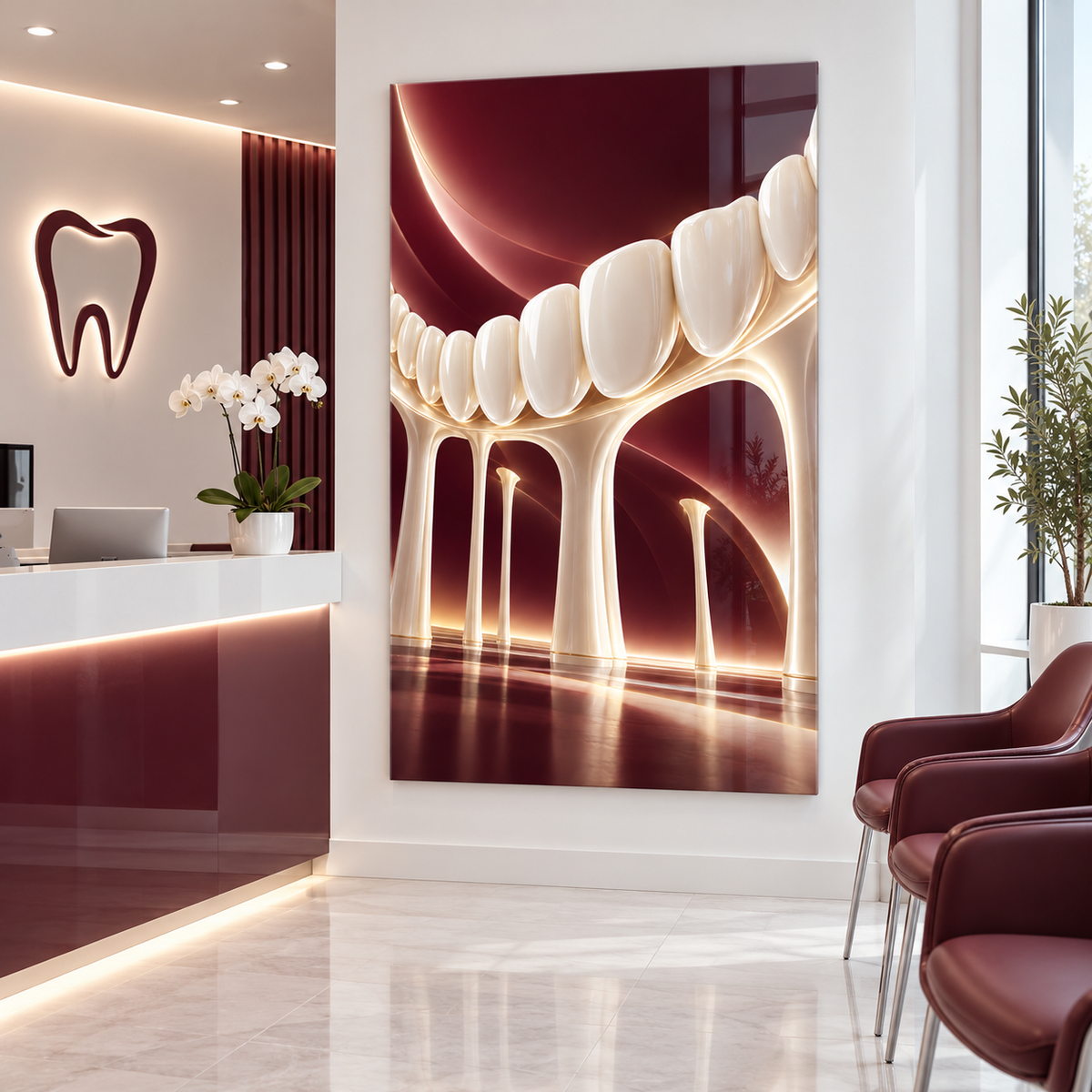 Porselen Gülüş Kemeri Dikey Cam Tablo — Diş kliniği resepsiyonu