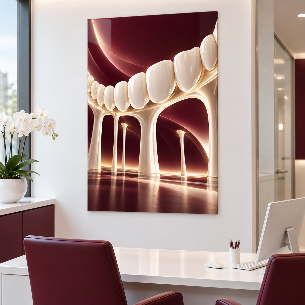 Porselen Gülüş Kemeri Dikey Cam Tablo — Diş kliniği danışma odası