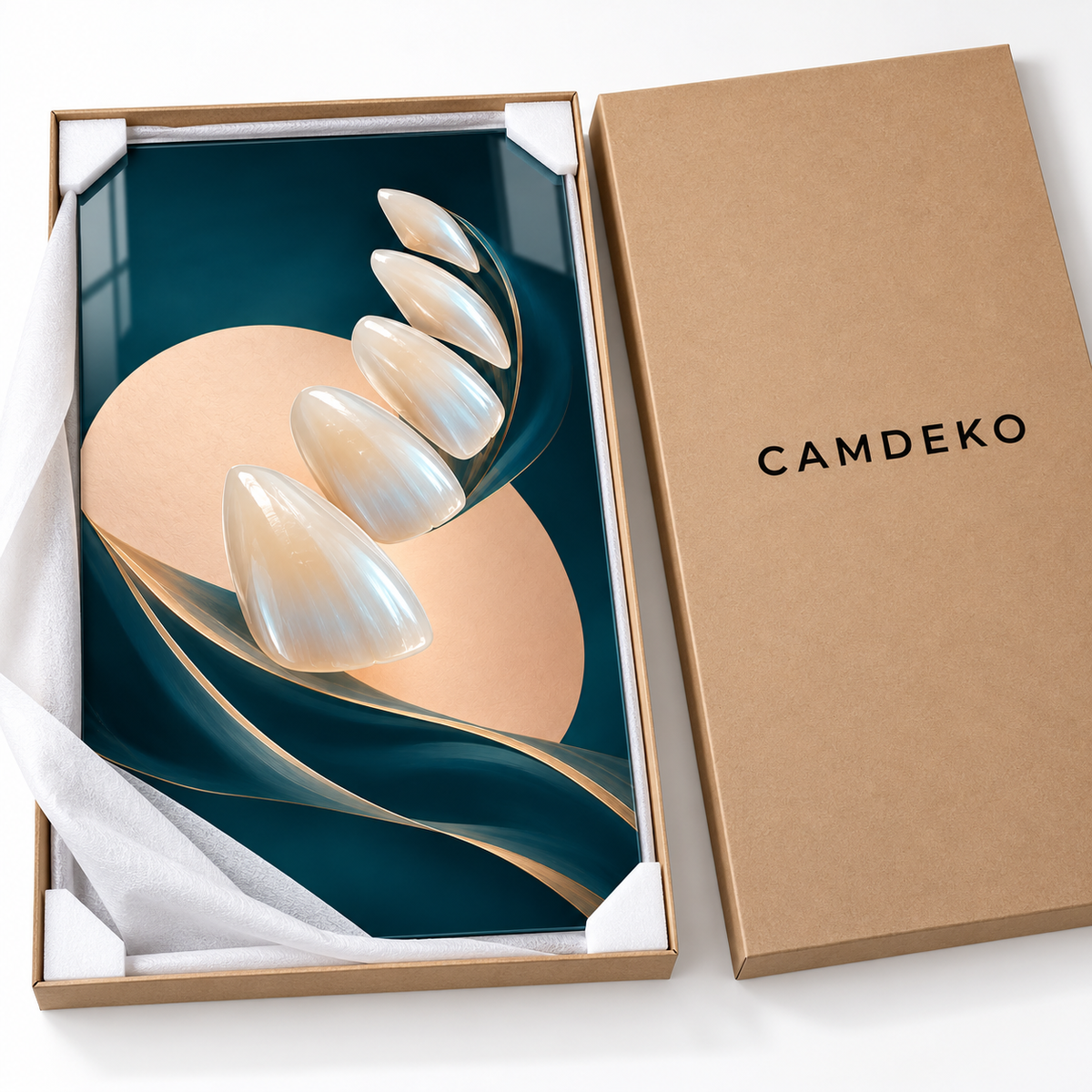 Sedef Gülüş Yelpazesi Dikey Cam Tablo – CAMDEKO koruyucu paketleme