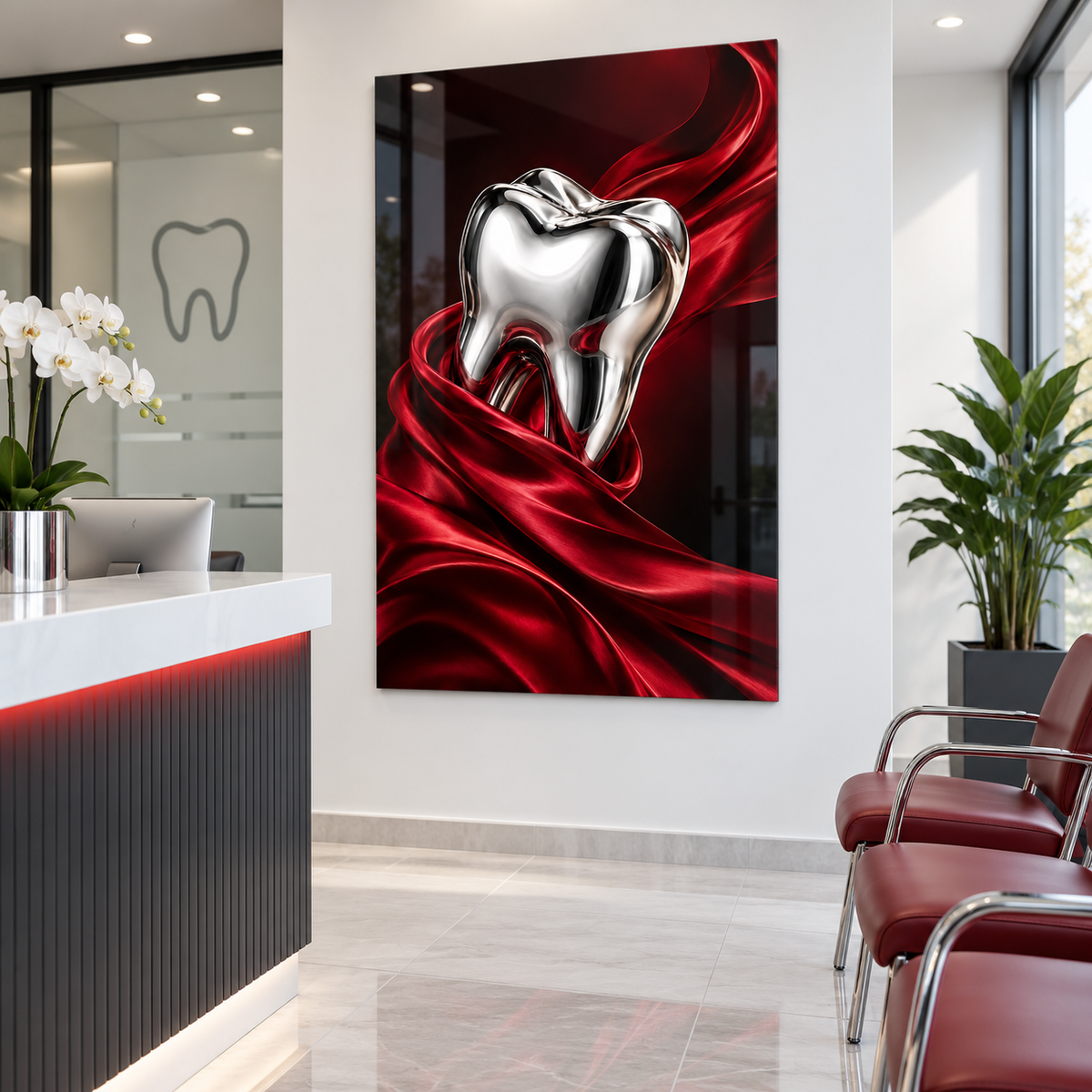 Kırmızı İpek ve Krom Diş Dikey Cam Tablo – Diş kliniği resepsiyonu