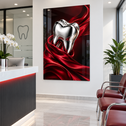 Kırmızı İpek ve Krom Diş Dikey Cam Tablo – Diş kliniği resepsiyonu