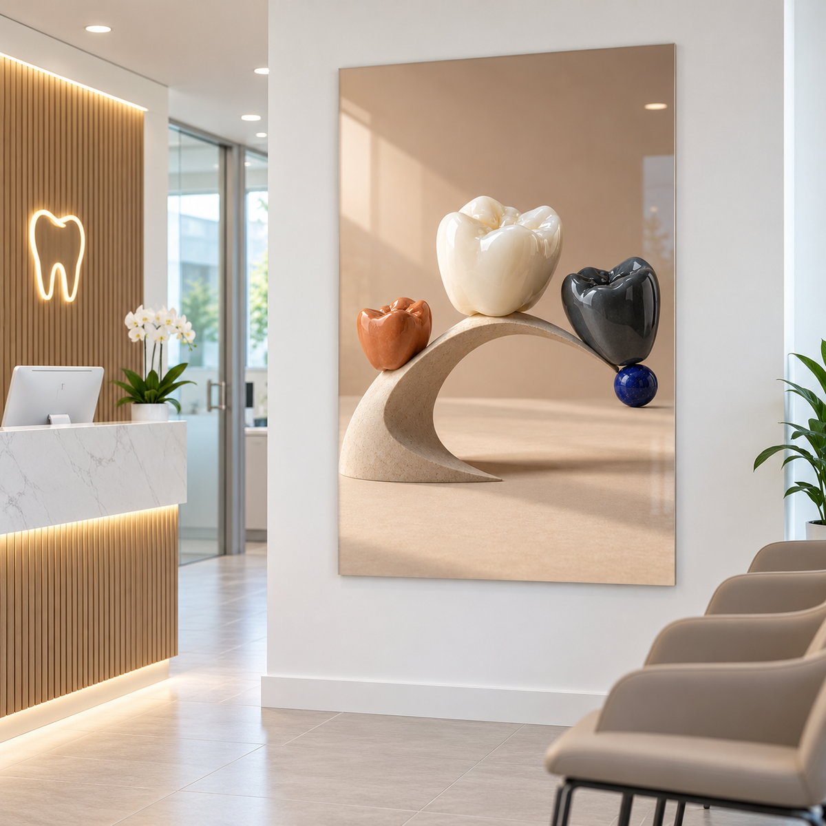 Denge Heykeli Diş Dikey Cam Tablo – Diş kliniği resepsiyonu