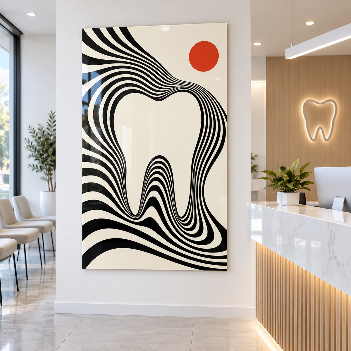 Optik Gülüş Dikey Cam Tablo – Diş kliniği resepsiyonu
