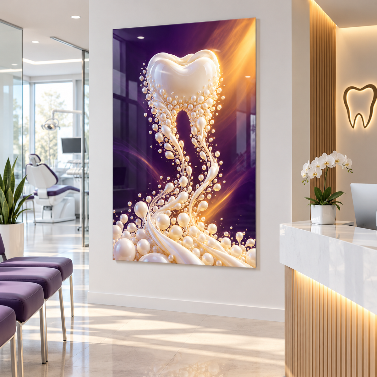 Gülüş Akıntısı Dikey Cam Tablo – Diş kliniği resepsiyonu