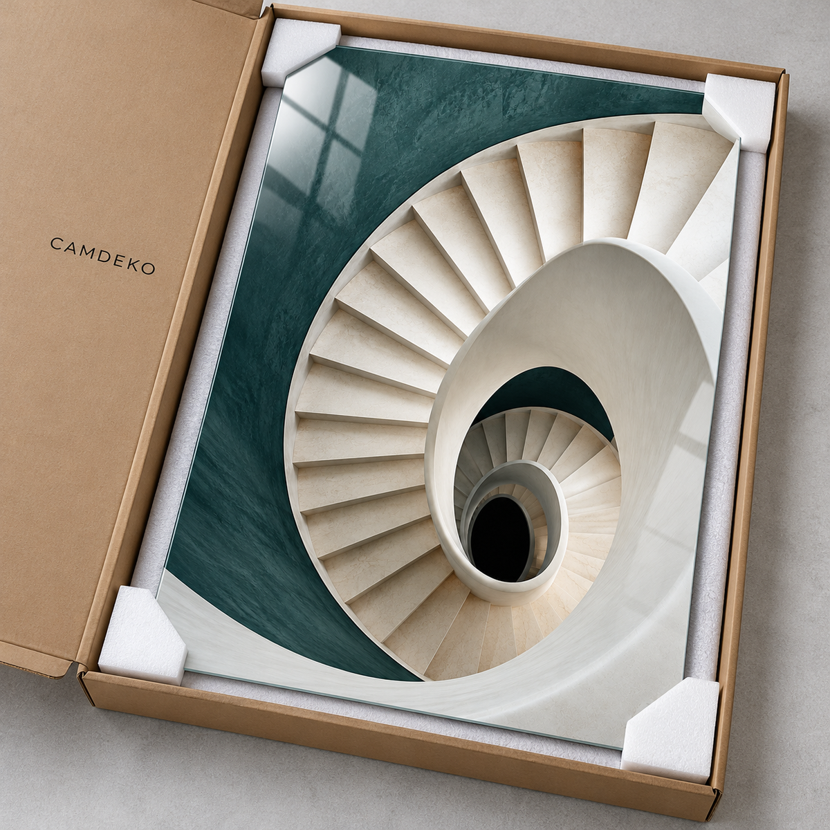 Spiral Mekân Mimari Dikey Cam Tablo — CAMDEKO koruyucu ambalaj