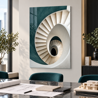 Spiral Mekân Mimari Dikey Cam Tablo — Alternatif ofis ortamında görünüm
