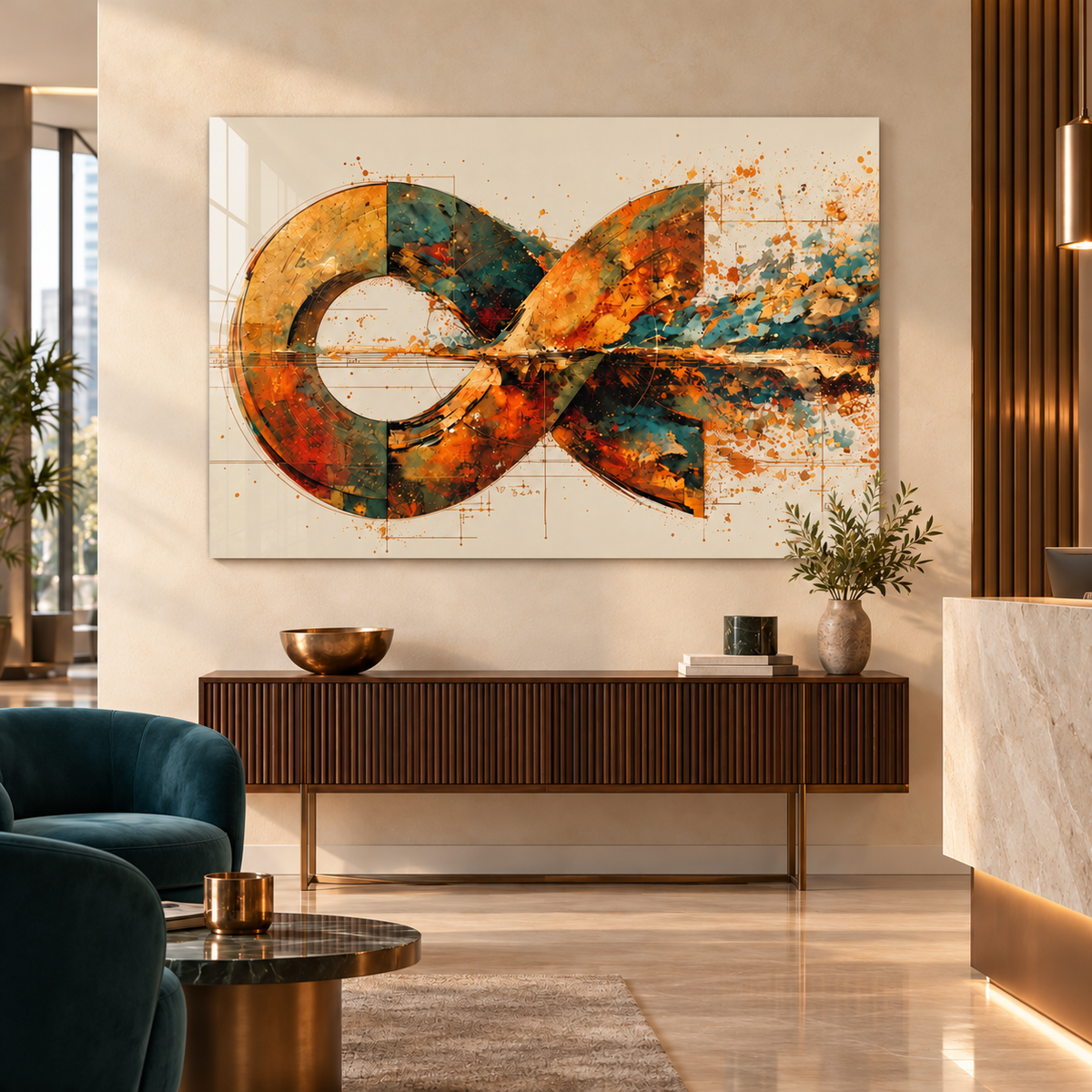Altın Akış Soyut Yatay Cam Tablo — Alternatif mekân — otel resepsiyonu