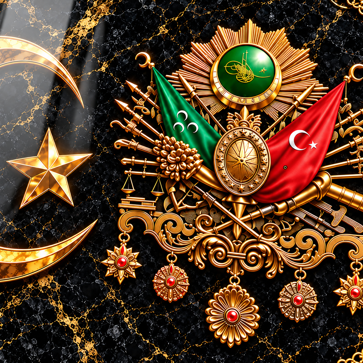 Altın Osmanlı Arması ve Ay Yıldız Yatay Cam Tablo — Osmanlı arması, ay yıldız ve UV baskı detayı