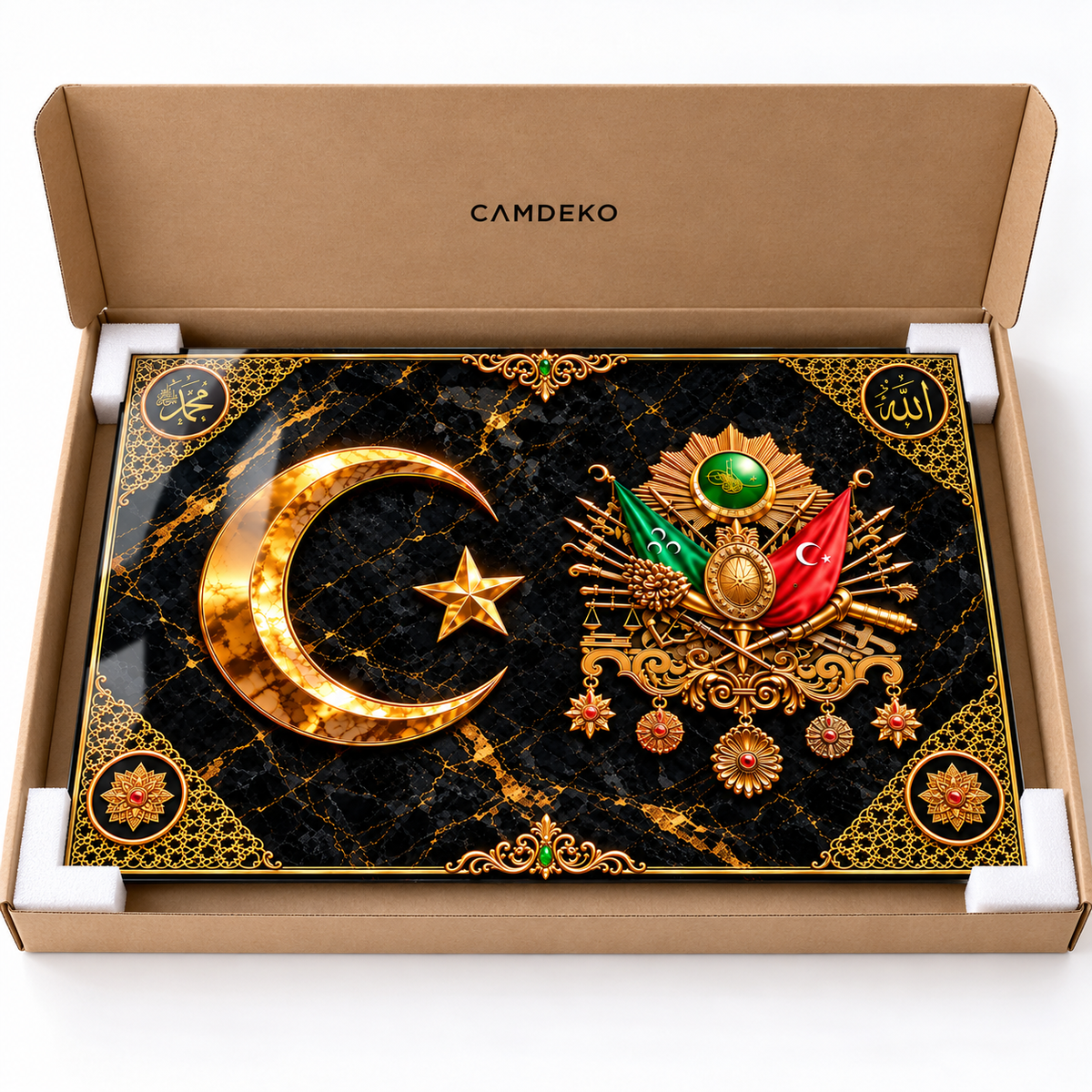 Altın Osmanlı Arması ve Ay Yıldız Yatay Cam Tablo — CAMDEKO kutusunda koruyucu paketleme