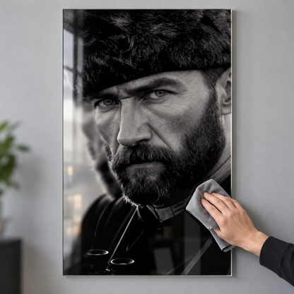 Dürbünlü Kaşif Siyah Beyaz Portre Dikey Cam Tablo - Temizlik