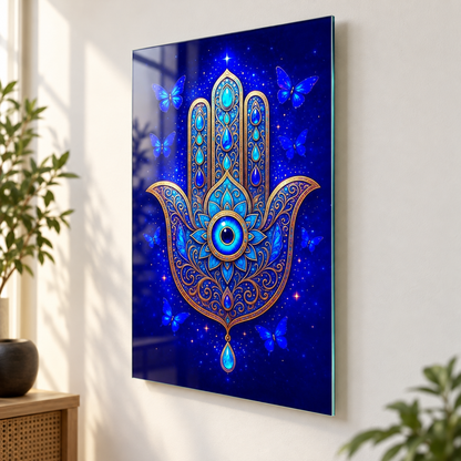 Mavi Altın Hamsa Eli ve Kelebekler Dikey Cam Tablo - Duvar mesafesi