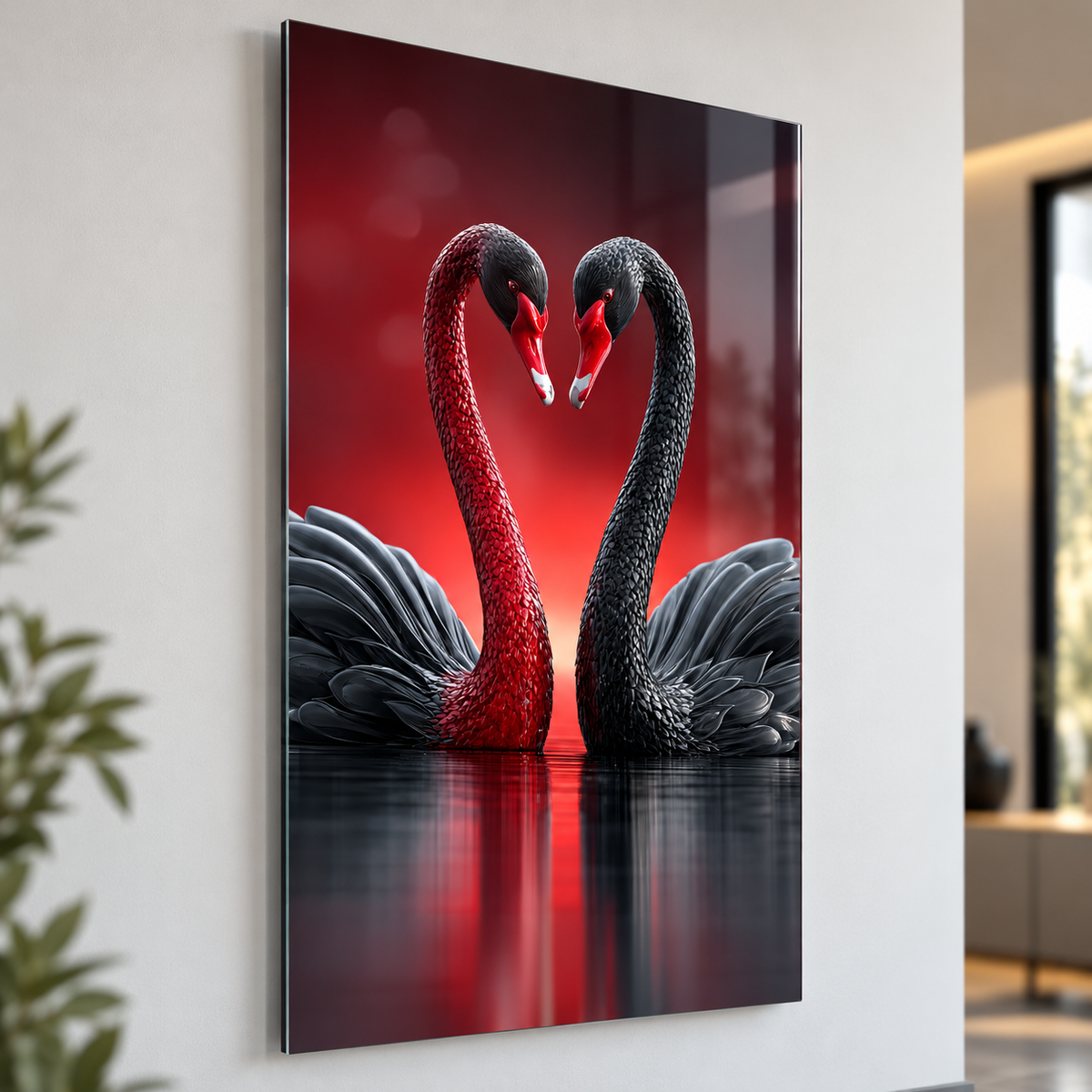 Kırmızı Fondaki Siyah Kuğular Dikey Cam Tablo - Duvar mesafesi