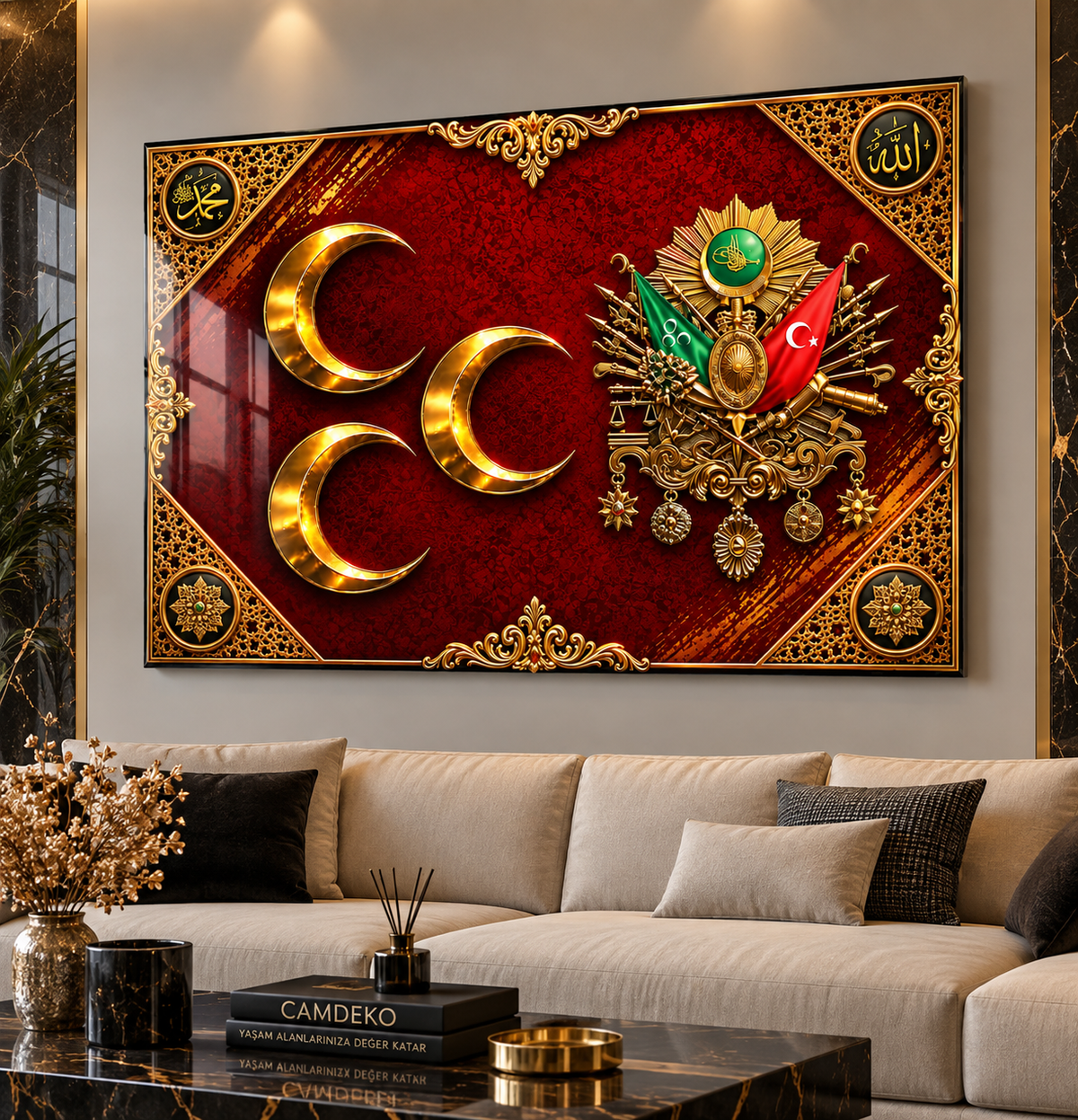 Üç hilal Osmanlı arması cam tablo modern lüks salon mockup