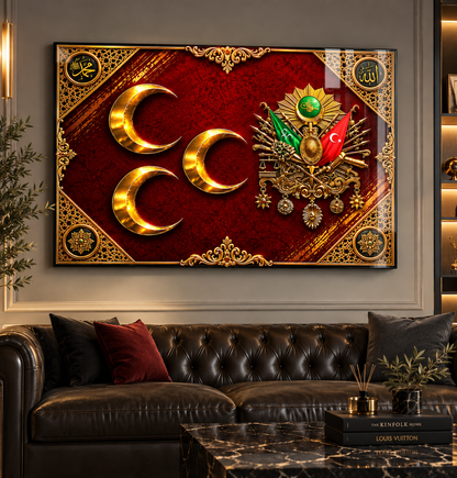 Üç hilal Osmanlı arması cam tablo koyu premium salon mockup