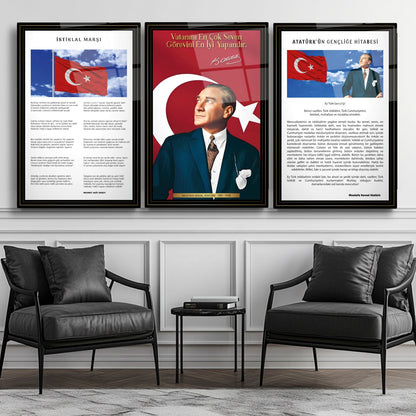 Atatürk Köşesi Üçlü Set Cam Tablo