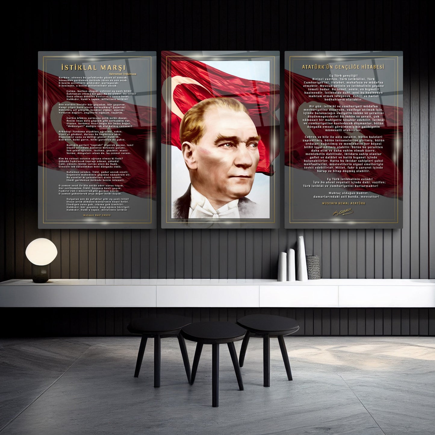 Atatürk Köşesi Üçlü Set Cam Tablo