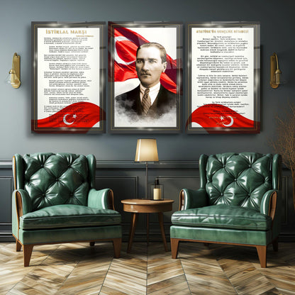 Atatürk Köşesi Üçlü Set Cam Tablo