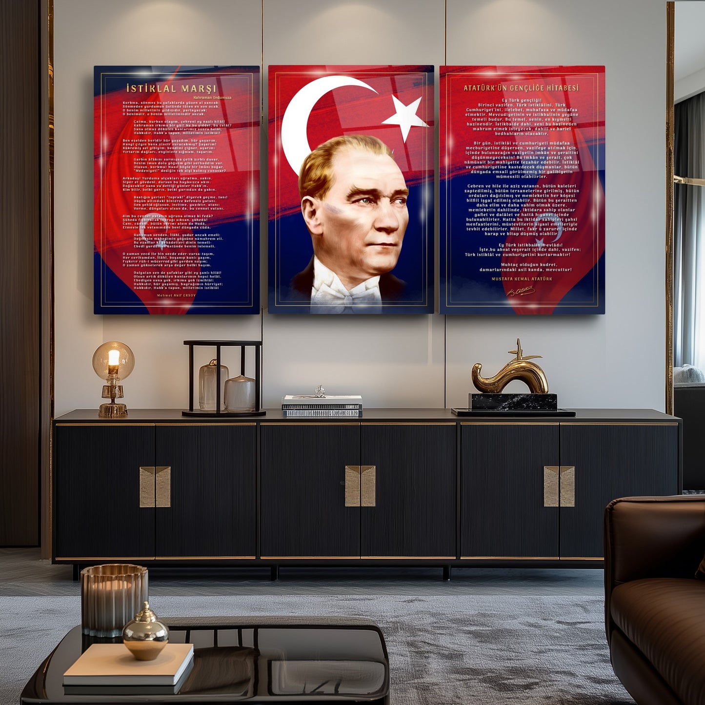 Atatürk Köşesi Üçlü Set Cam Tablo