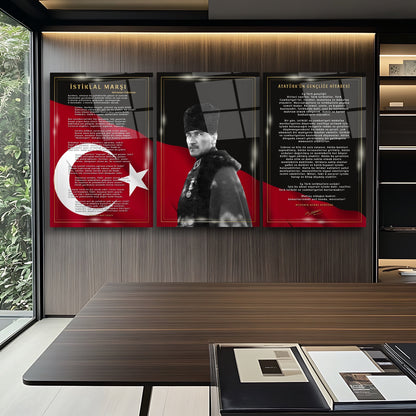 Atatürk Köşesi Üçlü Set Cam Tablo