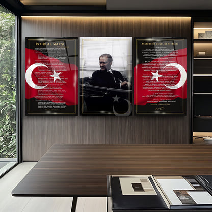 Atatürk Köşesi Üçlü Set Cam Tablo