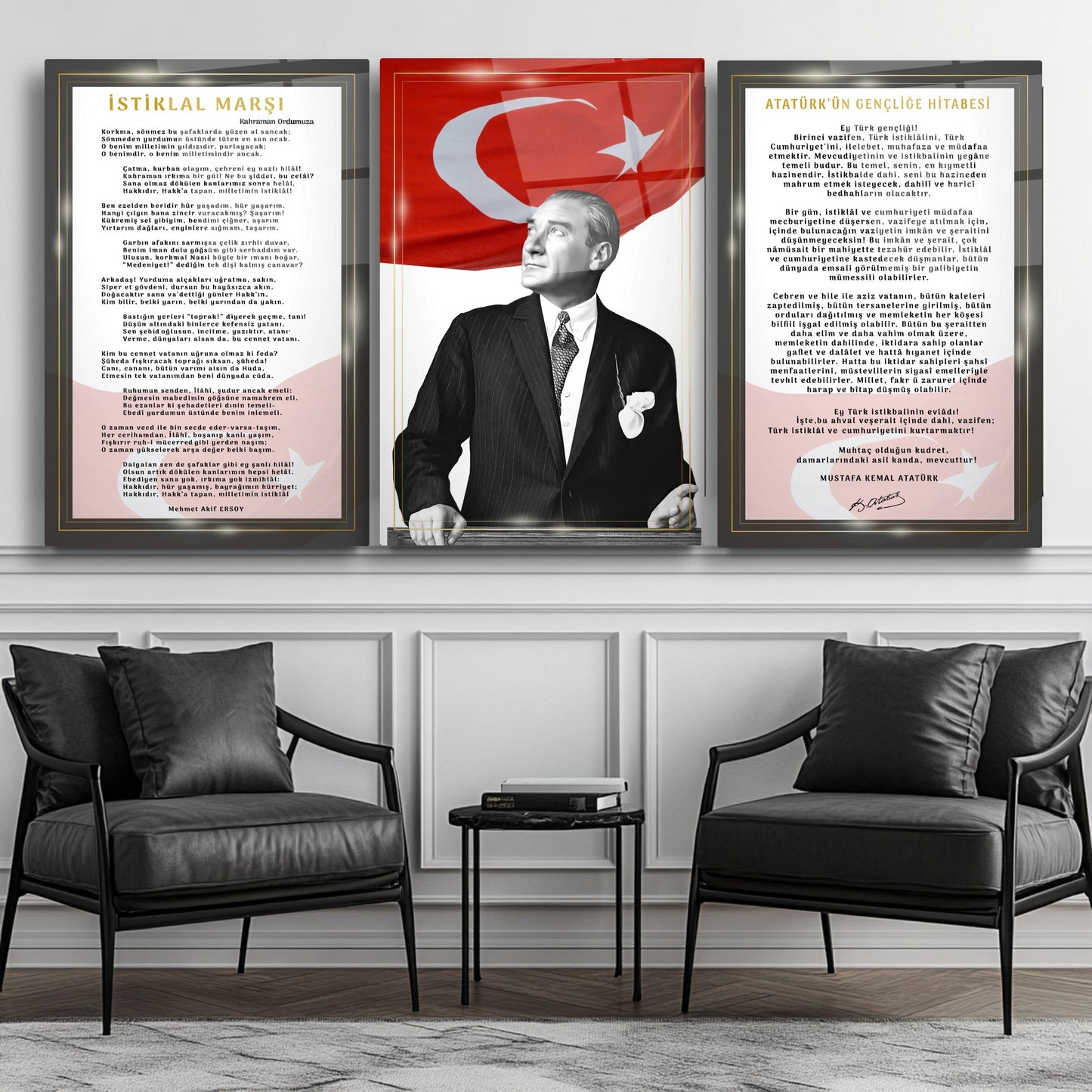 Atatürk Köşesi Üçlü Set Cam Tablo
