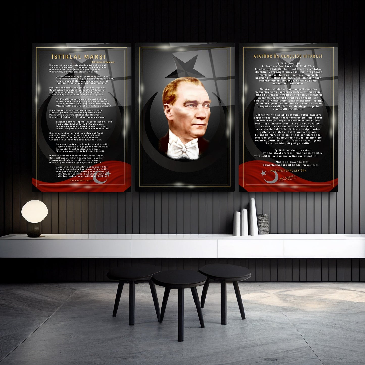 Atatürk Köşesi Üçlü Set Cam Tablo