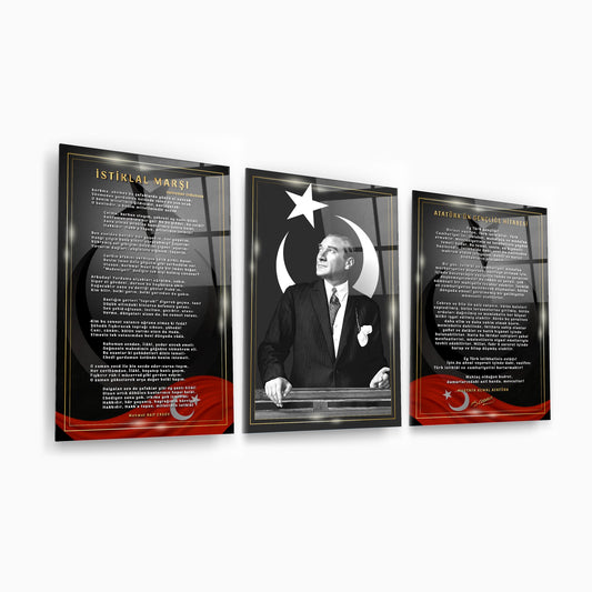 Atatürk Köşesi Üçlü Set Cam Tablo