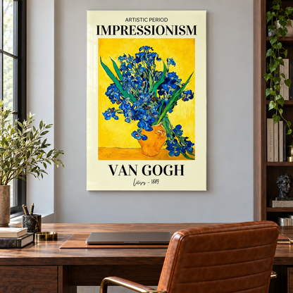 Van Gogh Sarı Zeminli Mavi Süsenler Dikey Cam Tablo - Çalışma odası
