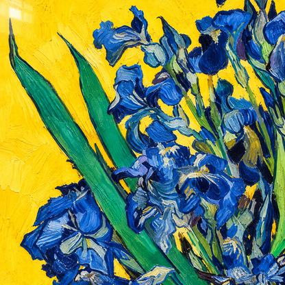 Van Gogh Sarı Zeminli Mavi Süsenler Dikey Cam Tablo - UV baskı detayı