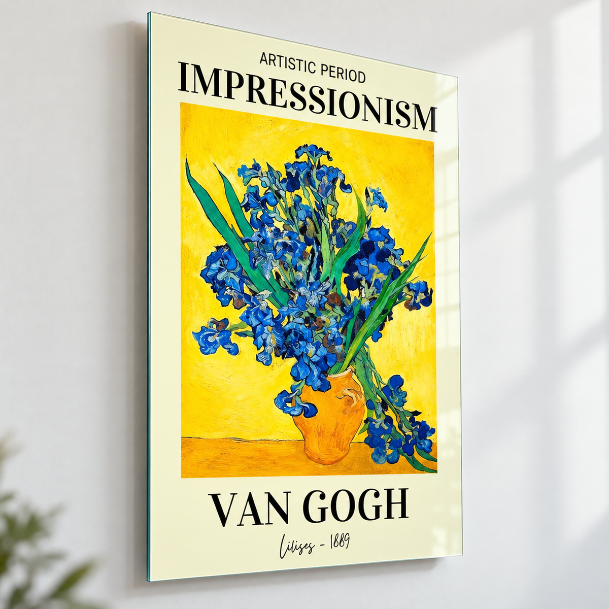 Van Gogh Sarı Zeminli Mavi Süsenler Dikey Cam Tablo - Duvar mesafesi