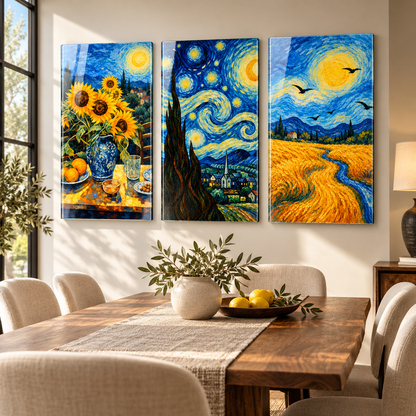 Van Gogh esintili 3'lü cam tablo yemek odası