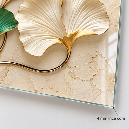 CAMDEKO yeşil ve krem gold ginkgo yaprakları — 4 mm ince rodajlı cam kenarı