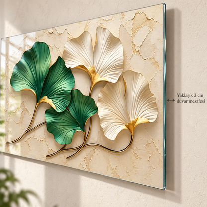 CAMDEKO yeşil ve krem gold ginkgo yaprakları — Yaklaşık 2 cm duvar mesafesi