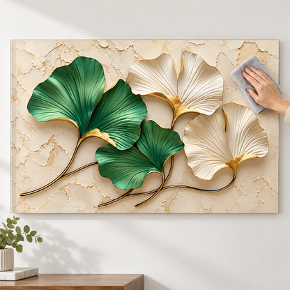 CAMDEKO yeşil ve krem gold ginkgo yaprakları — Mikrofiber bezle kolay temizlik