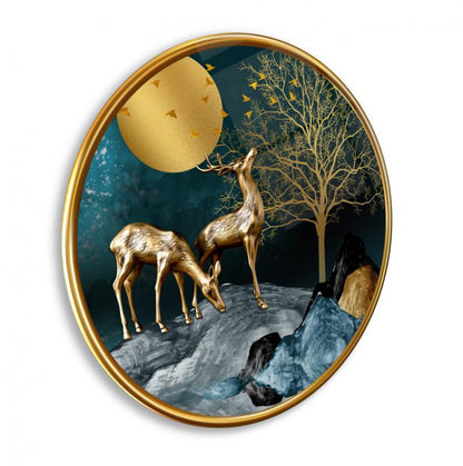 Gold Geyikler Yuvarlak Cam Tablo