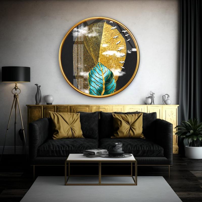 Gold Yapraklar Yuvarlak Cam Tablo