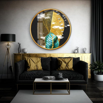 Gold Yapraklar Yuvarlak Cam Tablo