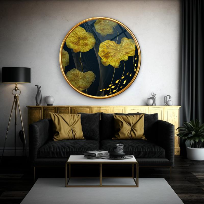 Gold Yapraklar Yuvarlak Cam Tablo