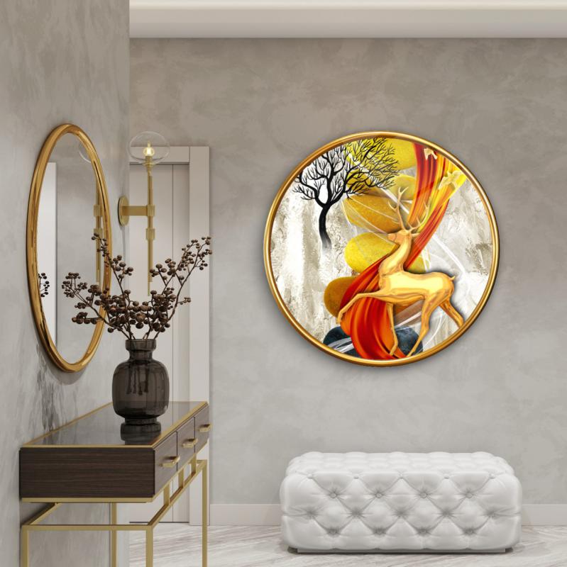 Gold Geyik Yuvarlak Cam Tablo