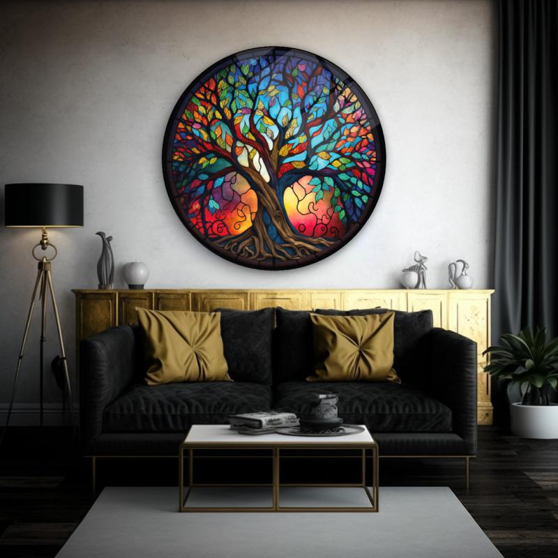 Yaşam Ağacı Vitray Yuvarlak Cam Tablo
