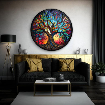 Yaşam Ağacı Vitray Yuvarlak Cam Tablo