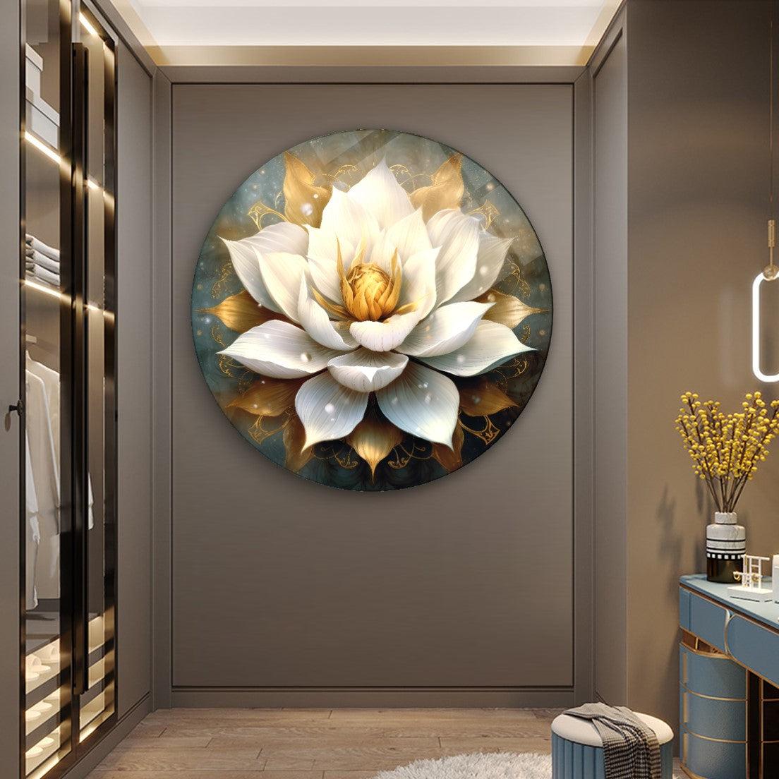 Lotus Çiçeği Yuvarlak Cam Tablo