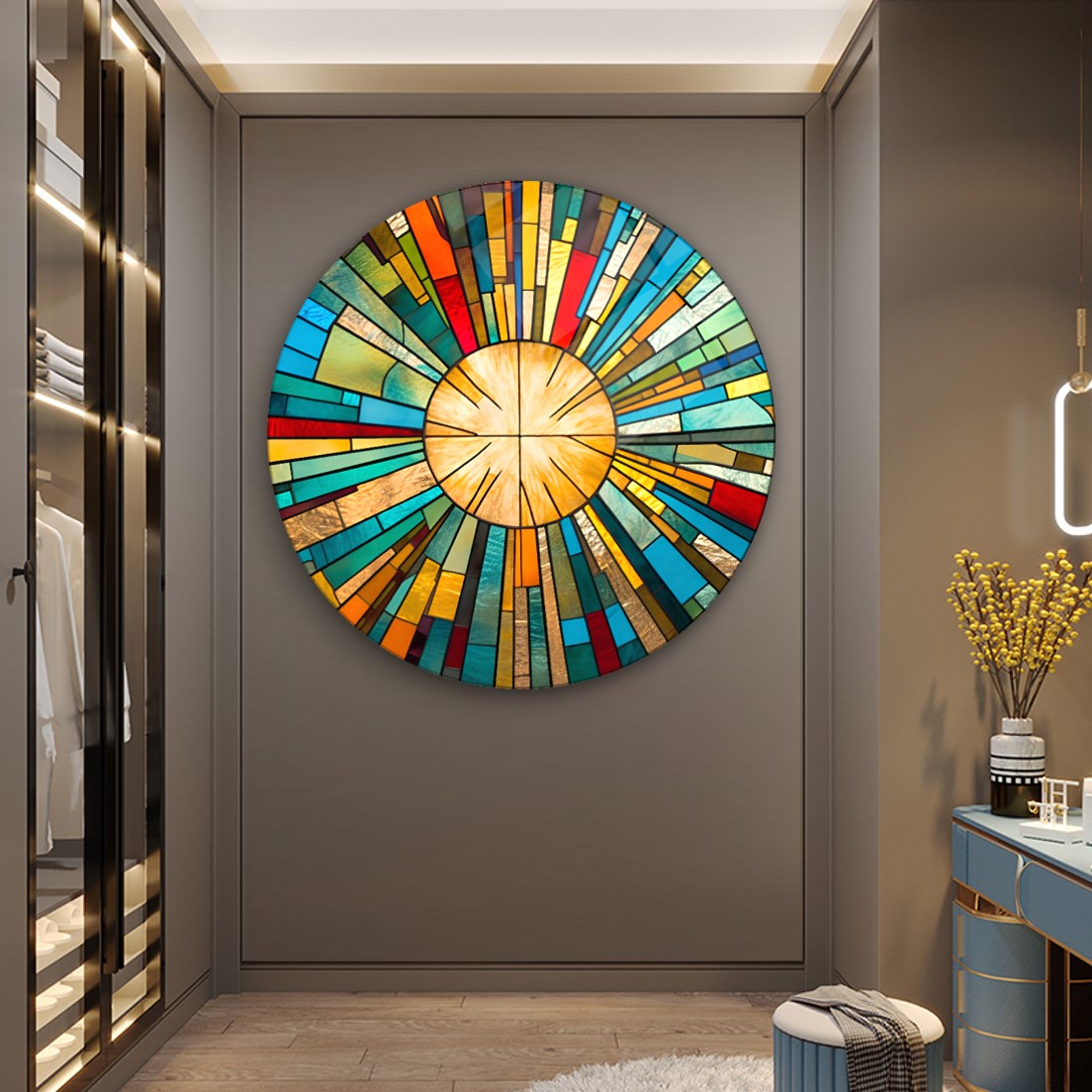 Soyut Vitray Desen Yuvarlak Cam Tablo