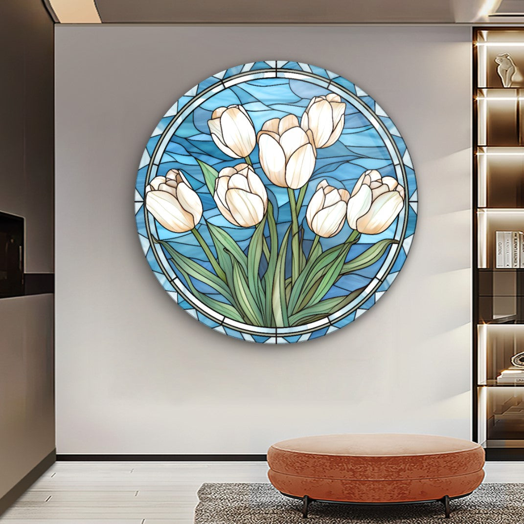 Vitray Görünümlü Çiçek Yuvarlak Cam Tablo