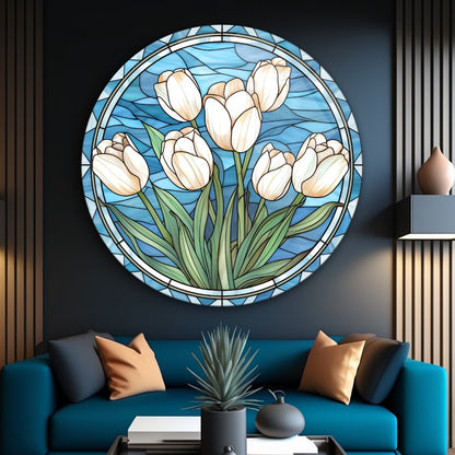 Vitray Görünümlü Çiçek Yuvarlak Cam Tablo